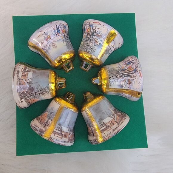 Vintage Currier & Ives 6 Plastic Bell Ornament Set W/ Box Season's Greetings - Picture 1 of 4